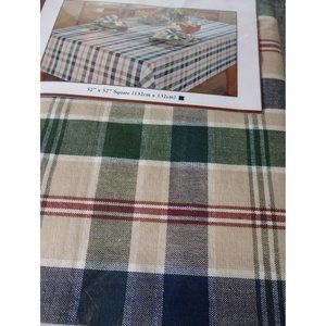 William Sonoma plaid fabric tablecloth square 52x52  NOS  52x52 Green/Tan